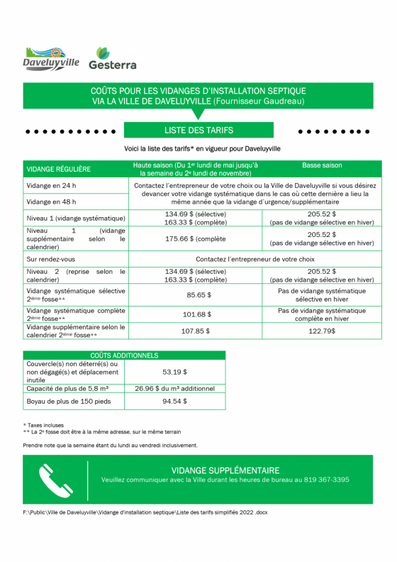 Liste des tarifs simplifiés vidanges 2022