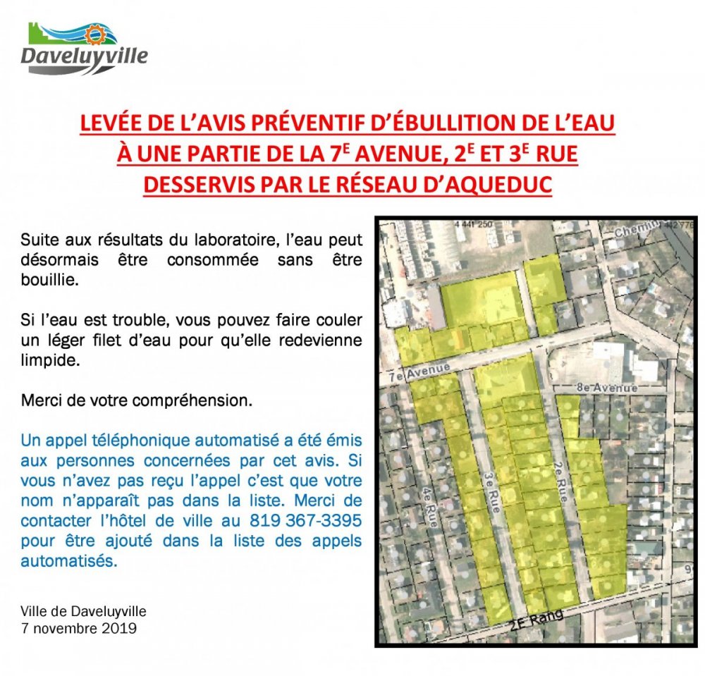 Levée de l'avis d'ébullition d'eau potable