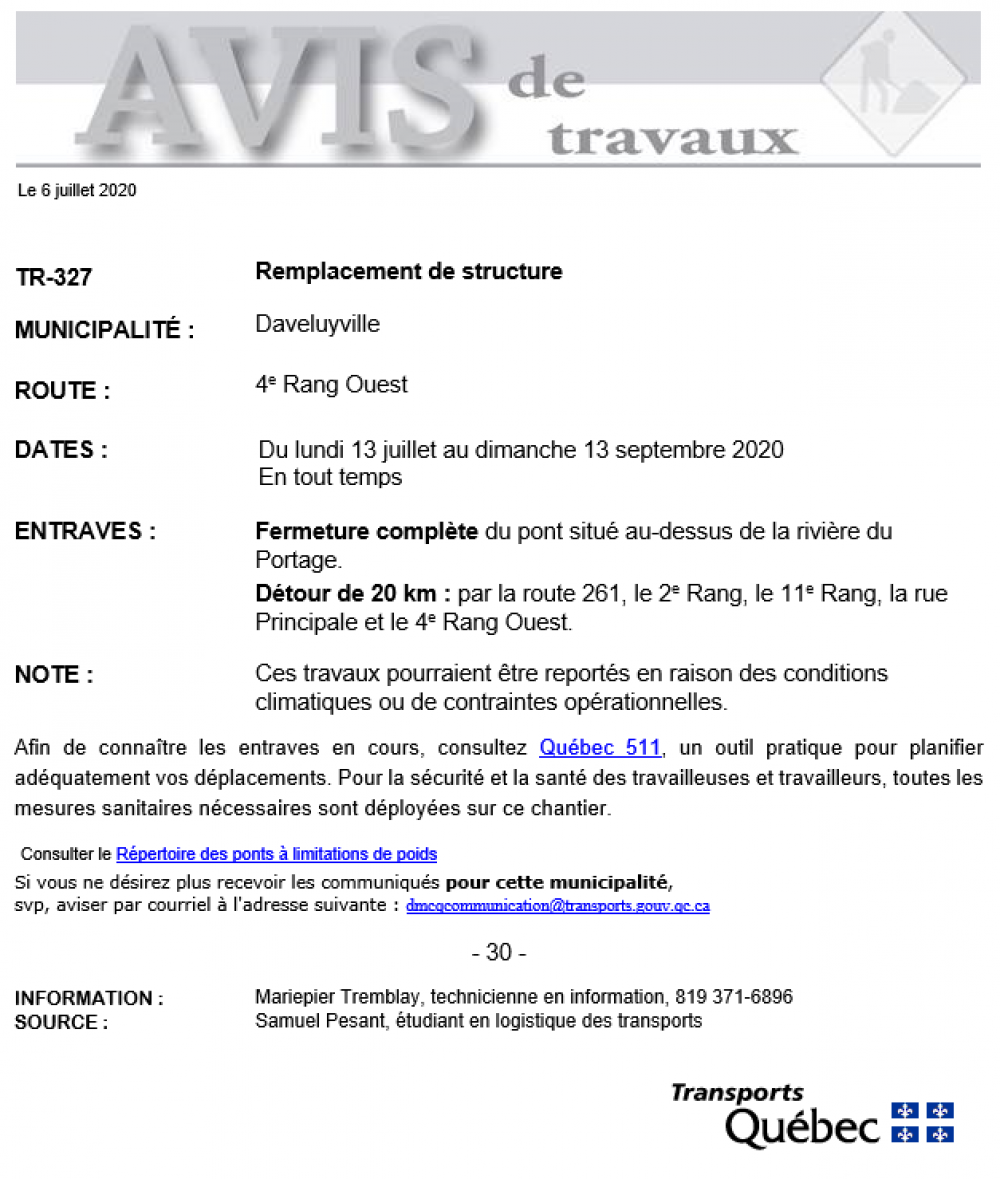 AVIS DE TRAVAUX DU MINISTÈRE DES TRANSPORTS