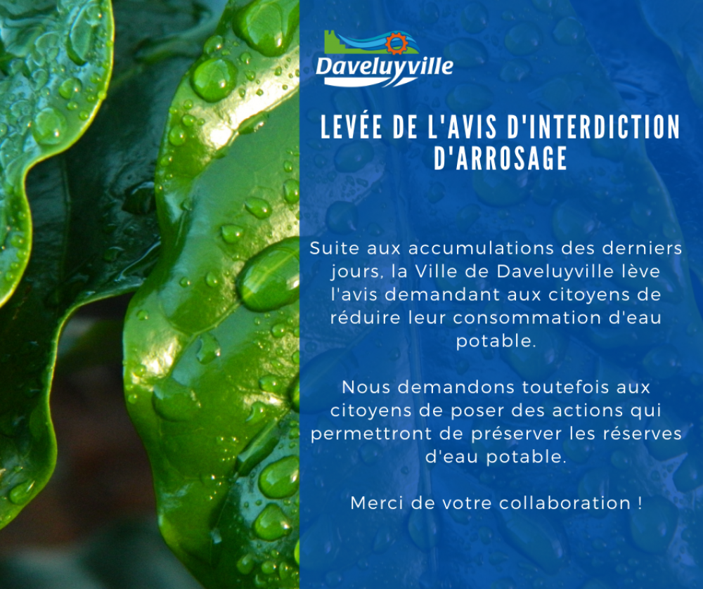 Levée de l'avis de réduction de votre consommation d'eau potable