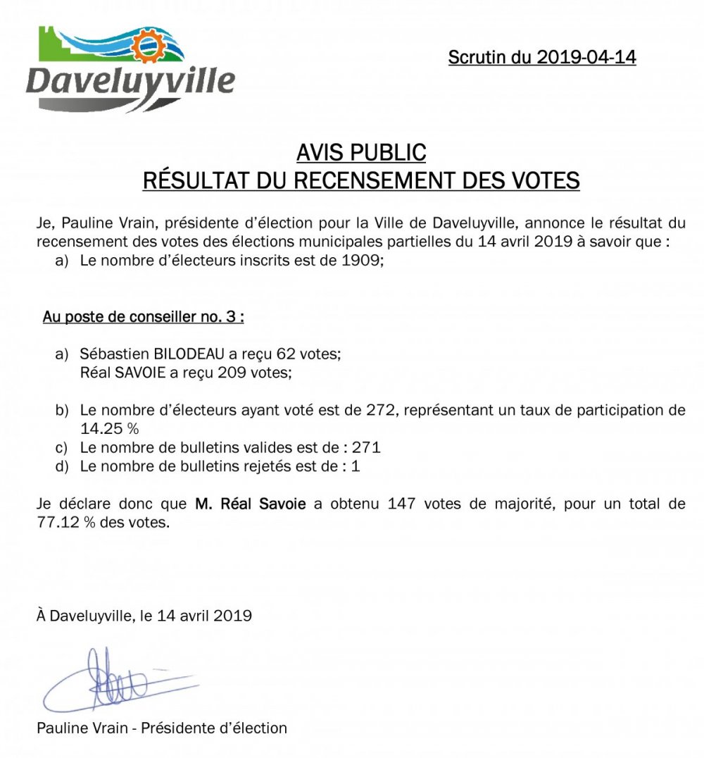 Résultat du recensement des votes