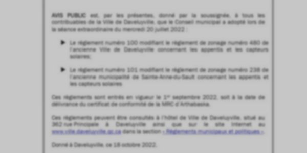 Avis public - Adoption des règlements 100 et 101